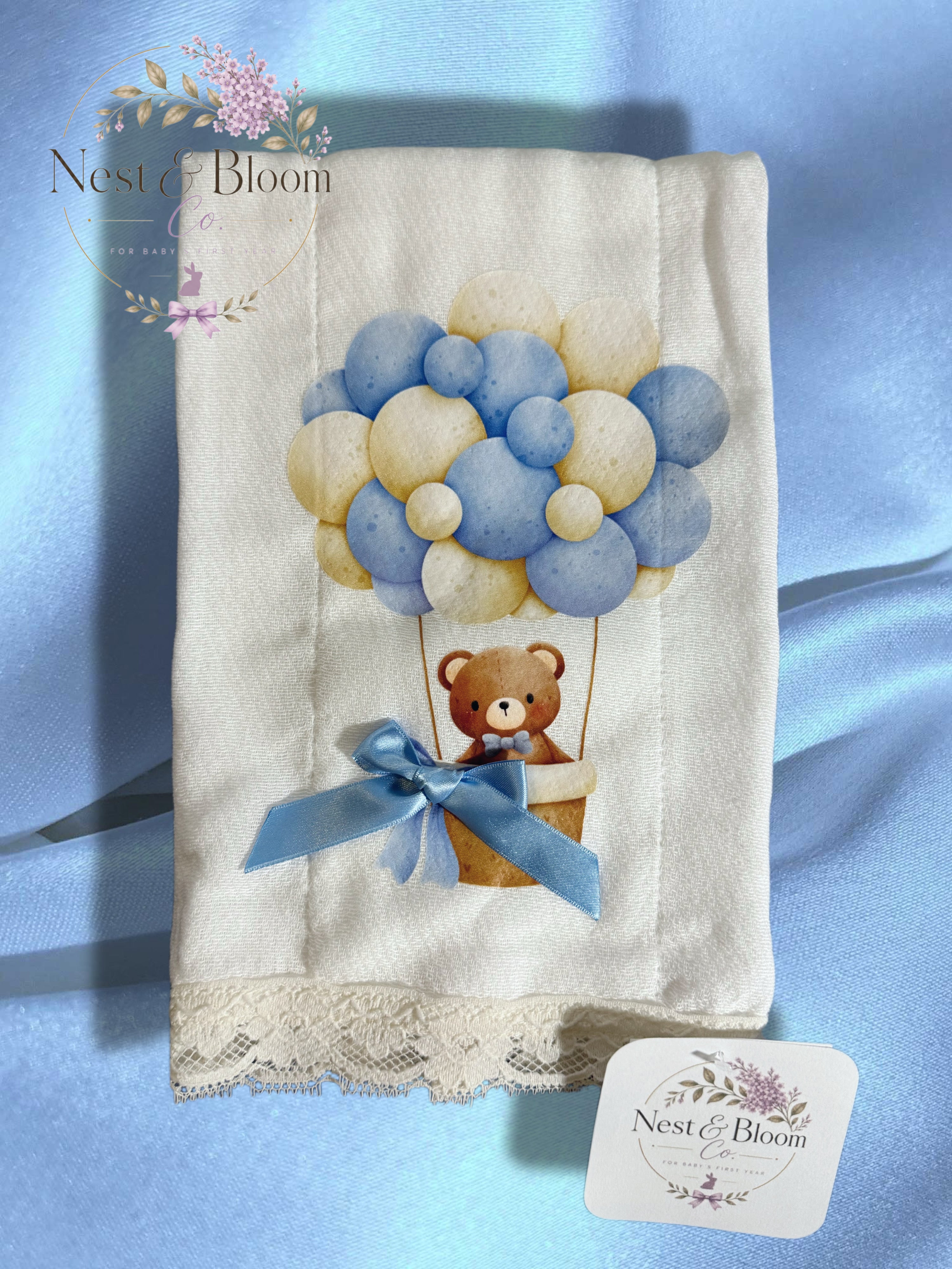 Vintage Lace Baby Burp Cloth – Teddy Bear Hot Air Balloon