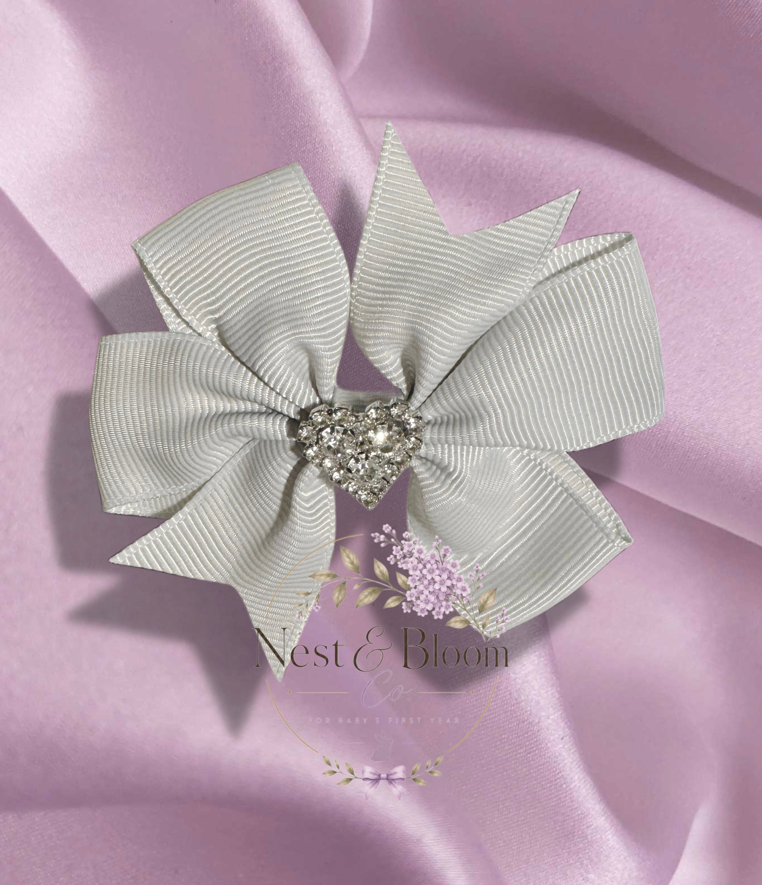Silver Heart Rhinestone Boutique Clip Bow